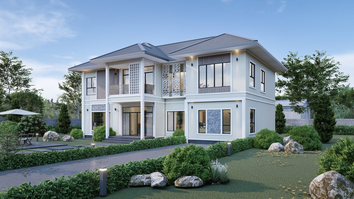Beautifully clean modern house with sparkling windows in bright daylight